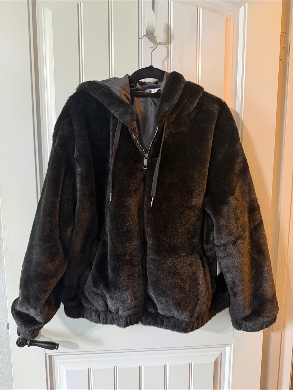 Plush Faux Fur Hooded Jacket in Black